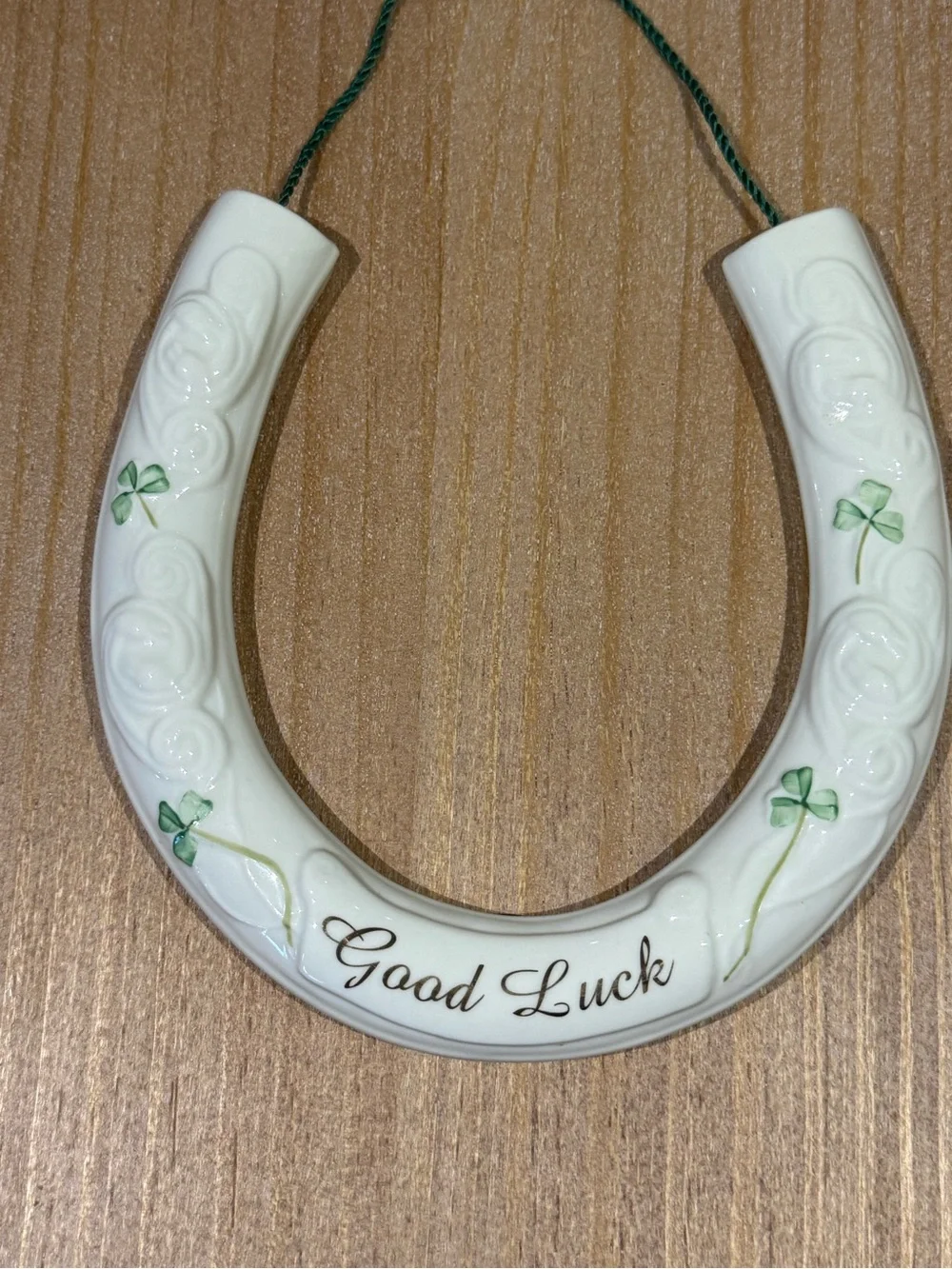 Belleek Good Luck White Ceramic Horseshoe Wall Decor with Green Accents